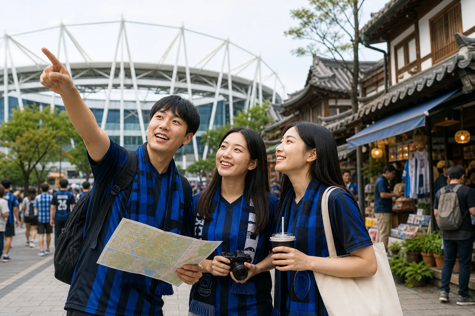 축구 팬들이 원정 버스와 지역 명소를 함께 찾는 이미지