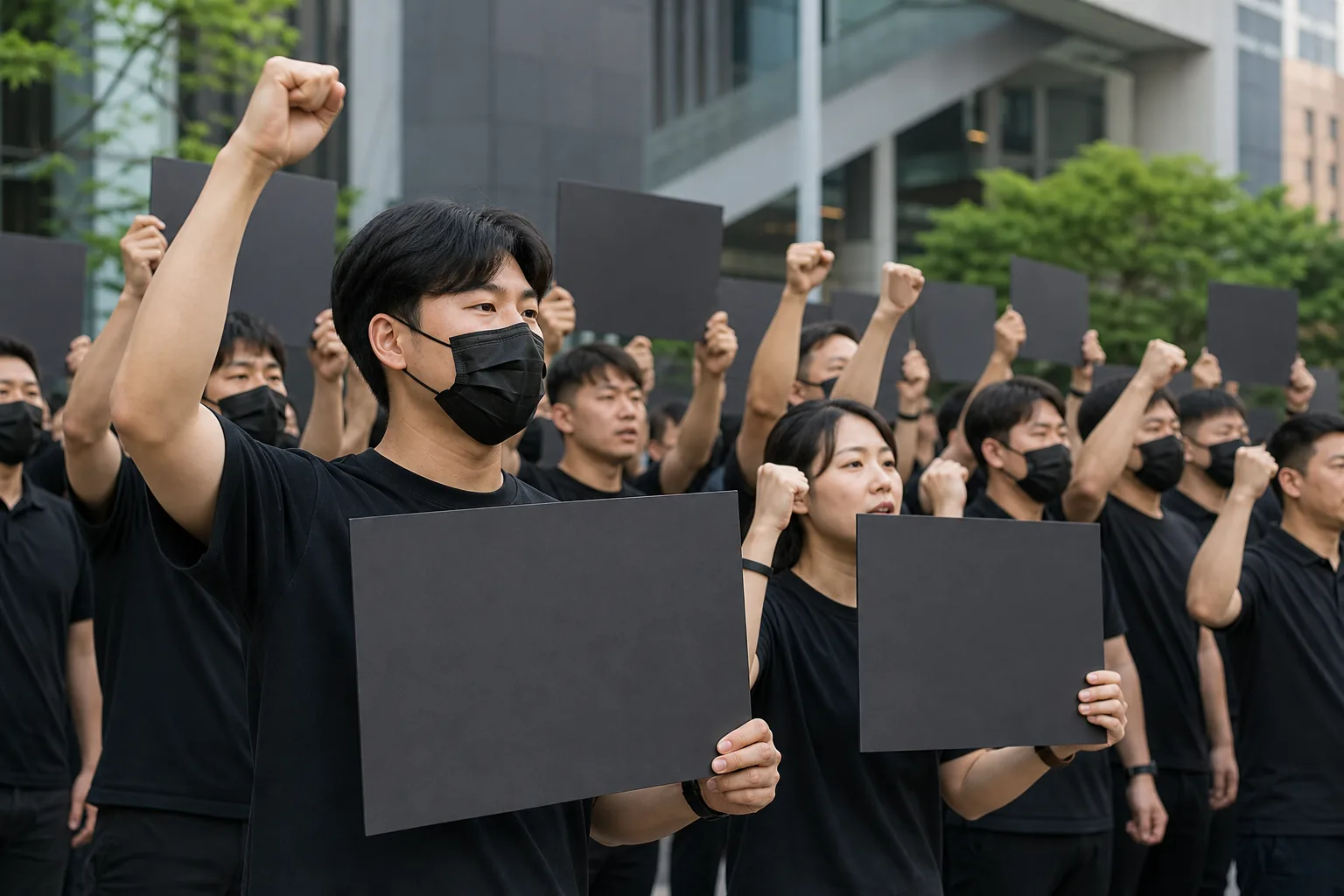 임금교섭 결렬 이후 피켓을 든 노동자들의 단체행동 이미지