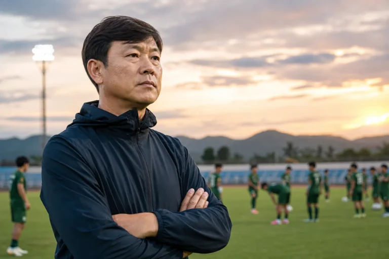 동남아 축구 경기장에서 새 감독이 선수단을 지휘하는 이미지