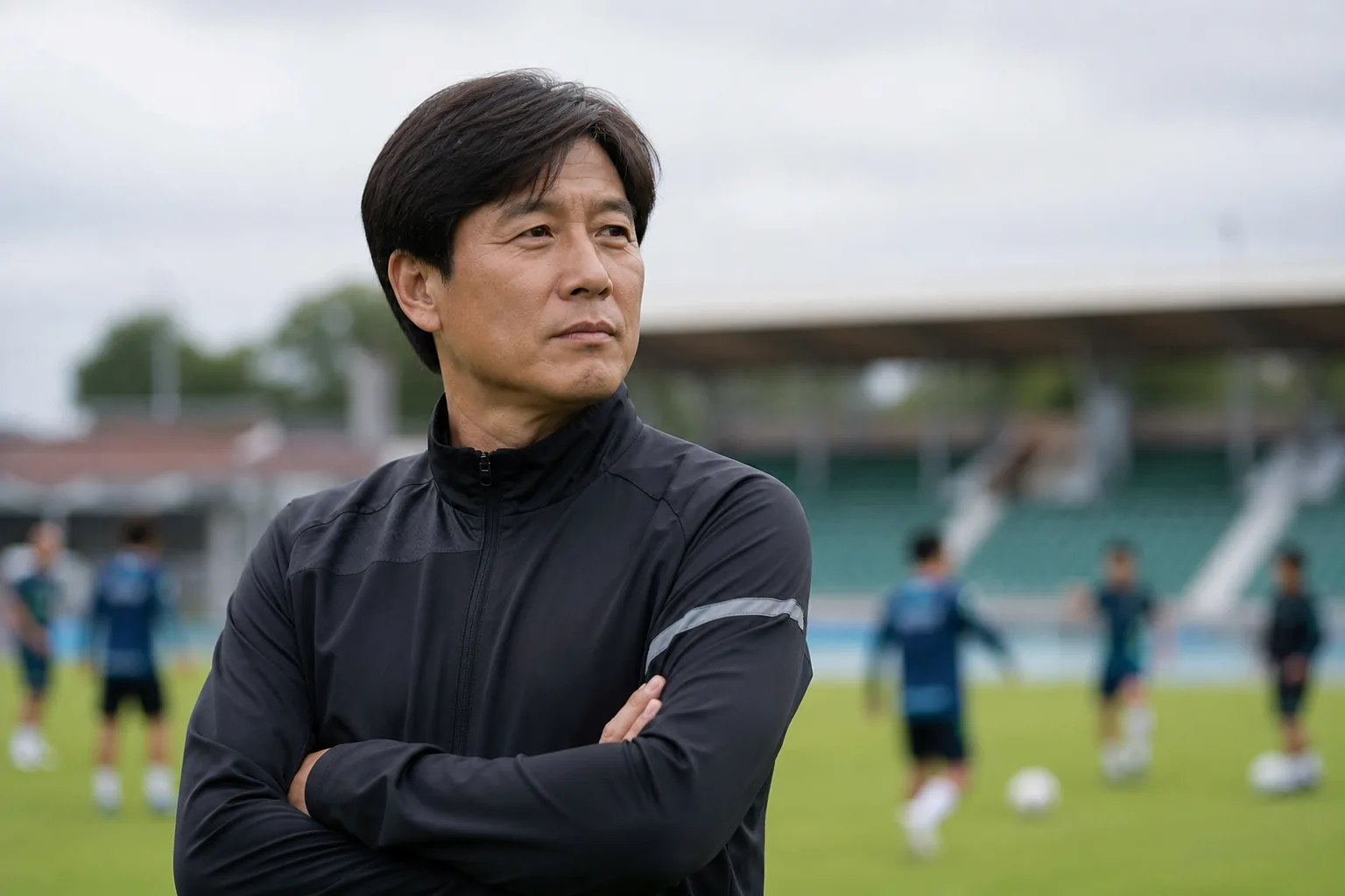 축구 훈련장에서 감독이 선수들에게 전술을 설명하는 이미지