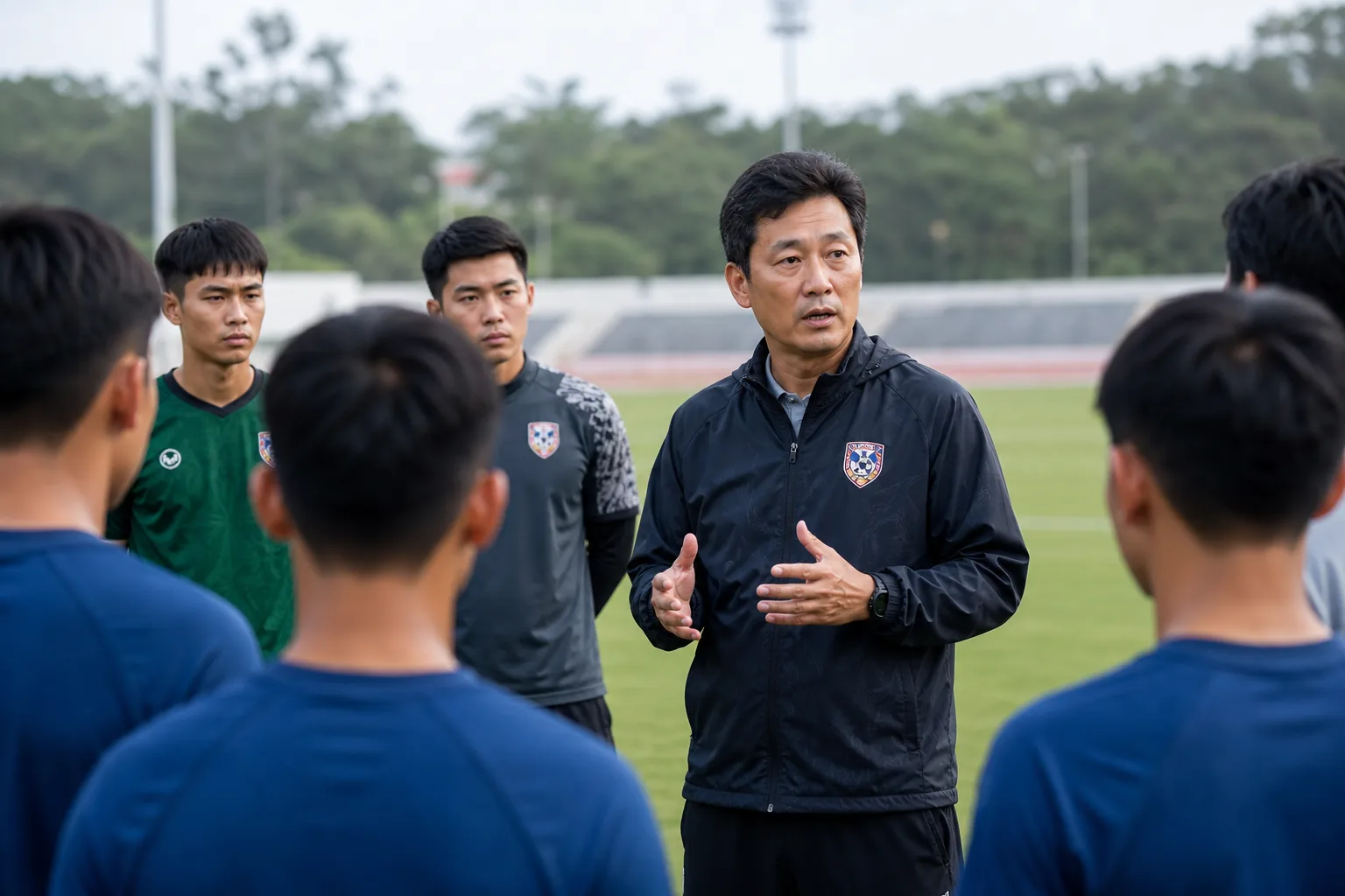 동남아 축구 구단의 전술 훈련과 한국인 지도자 진출을 표현한 이미지