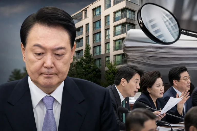부동산 계약서와 국회 브리핑을 상징하는 정치 논란 이미지