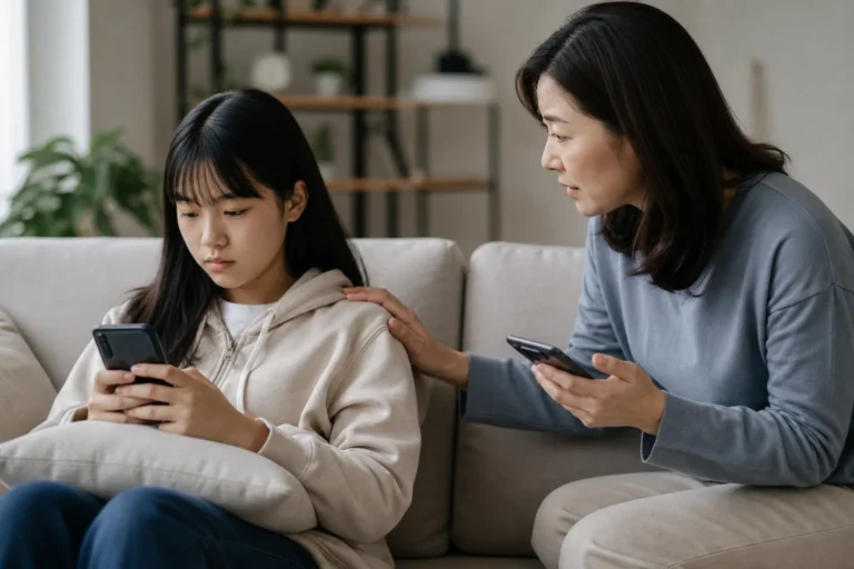 스레드 청소년 보호 기능을 보여주는 스마트폰과 가족 안전 설정 이미지