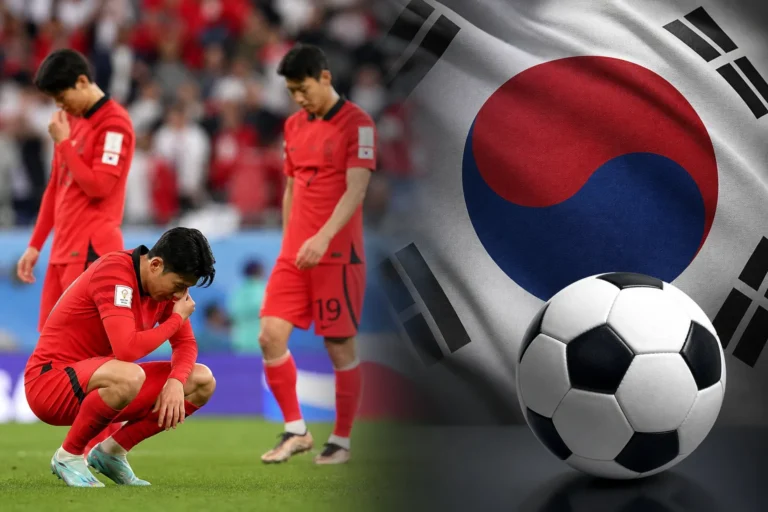 한국 축구 대표팀이 경기 후 아쉬워하는 모습과 세계 랭킹 변화를 상징하는 이미지