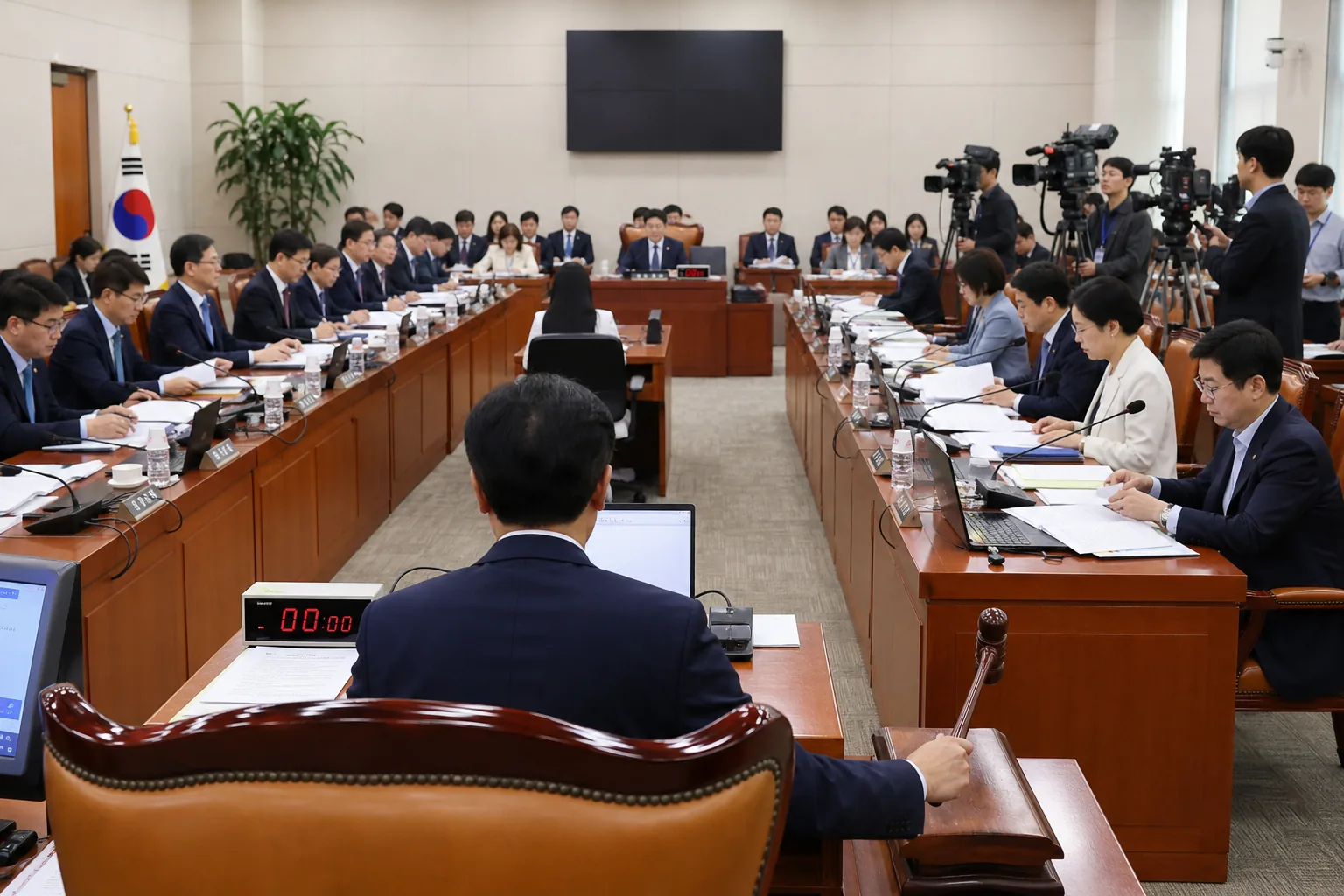 국회 상임위원회 회의장과 회의 자료를 표현한 이미지