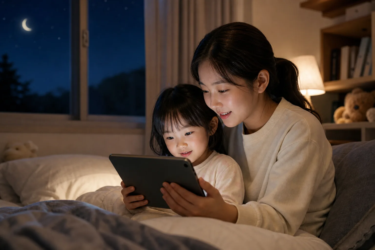 부모가 스마트폰으로 AI 동화를 설정하는 장면