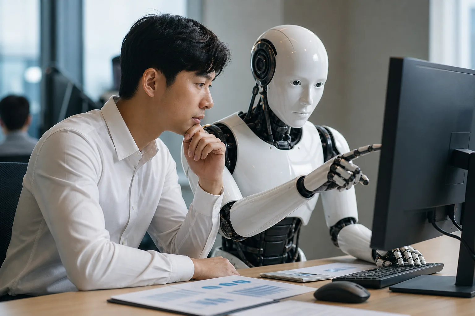AI 자동화로 직무 재편이 일어나는 사무실과 데이터 분석 화면