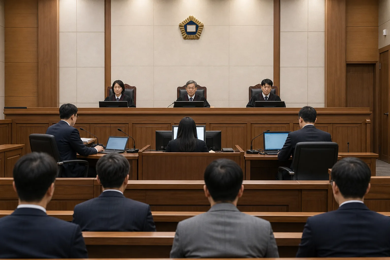 법정에서 항소심 재판 절차가 진행되는 모습을 상징한 이미지