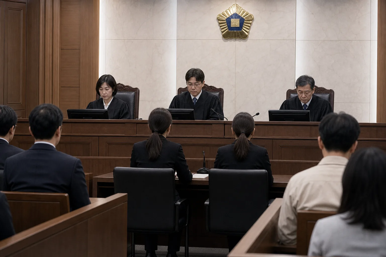 피해자 보호와 사법 절차의 균형을 상징하는 법원 복도 이미지