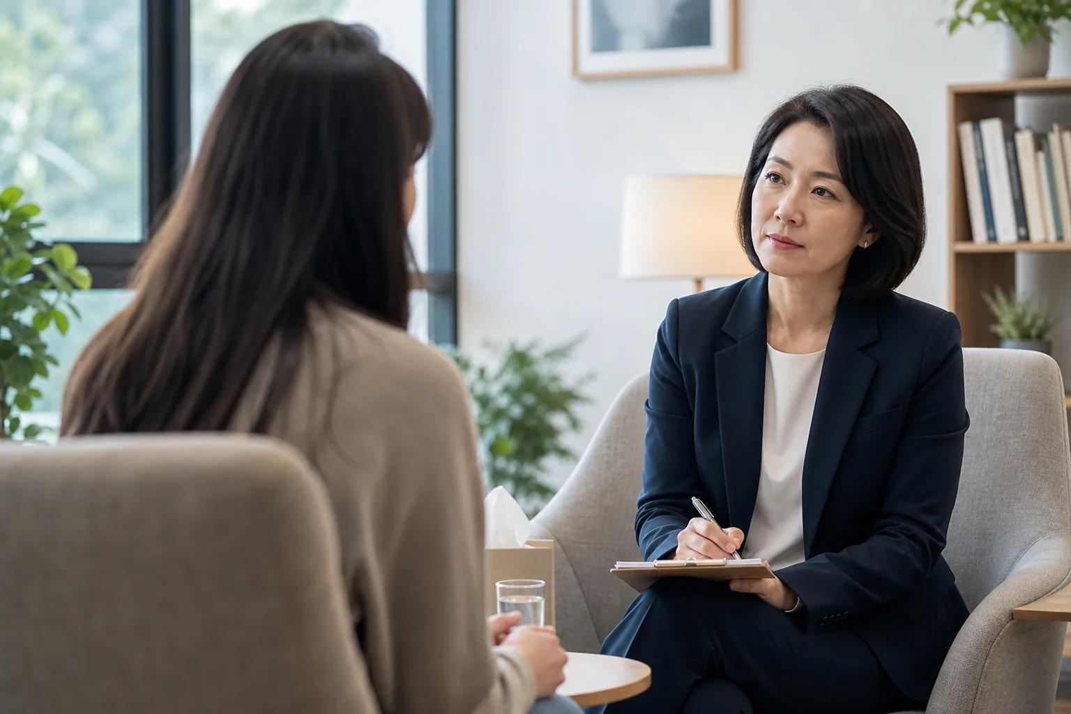 상담실에서 가족 관계 문제를 이야기하는 장면