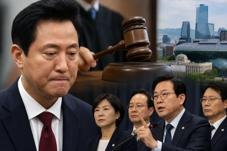 오세훈 서울시장 1심 판결과 정치권 공방을 상징하는 법원 이미지