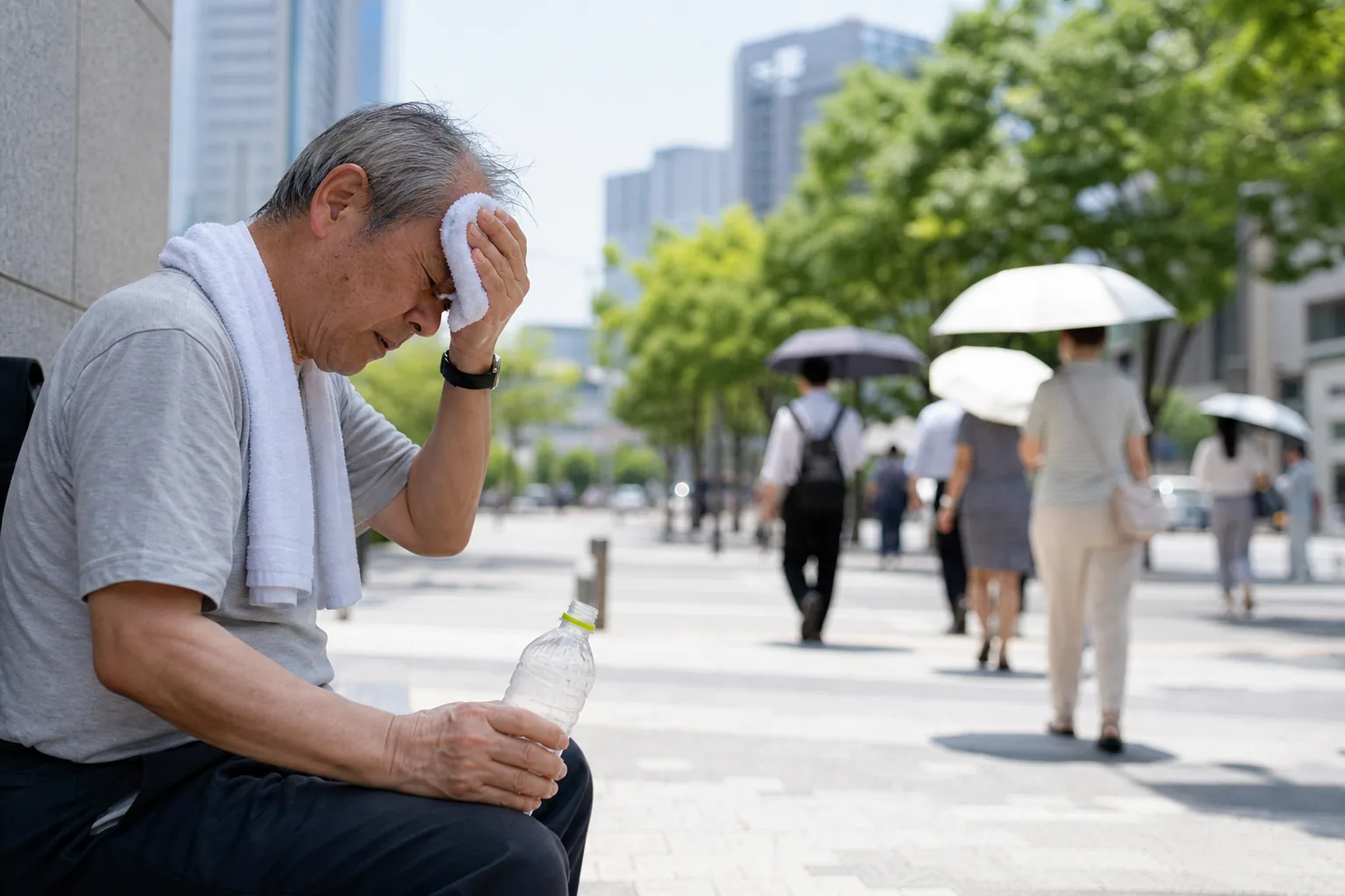 40도 이상 기온과 도시 열섬 현상을 표현한 일본 거리 이미지