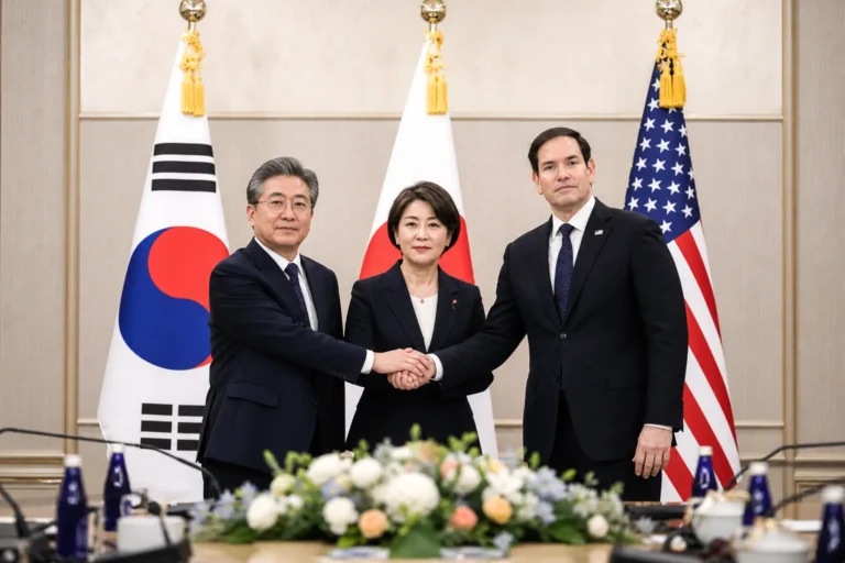 한미일 외교장관회의와 인도태평양 안보 협력을 상징하는 이미지