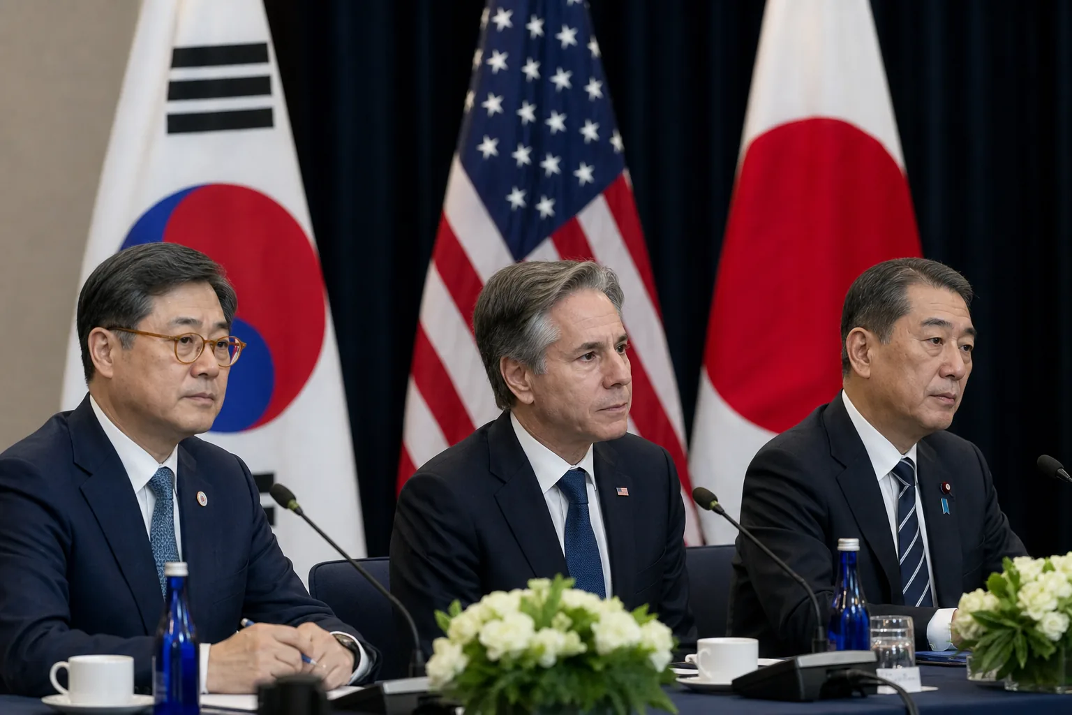 외교 회담장과 세 나라 국기를 상징적으로 나타낸 이미지