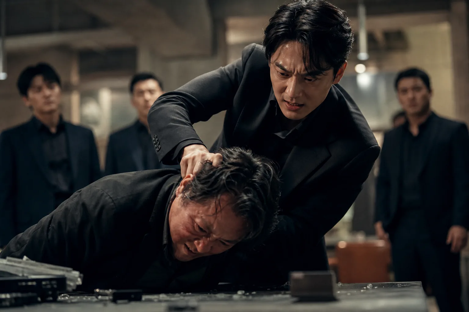 어두운 거실에서 긴장감 높은 드라마를 시청하는 가족의 모습