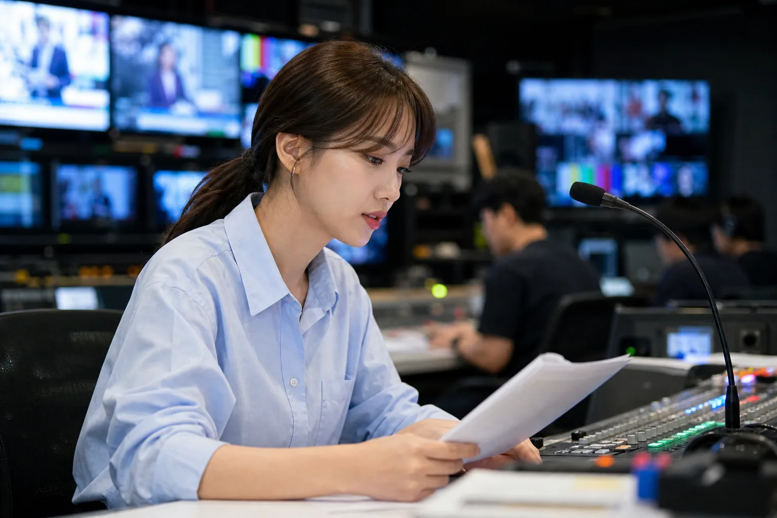 방송사 로비에서 촬영 장비를 들고 이동하는 진행자