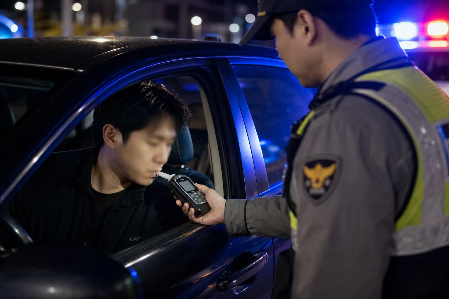 새벽 도로에서 음주운전 신고를 받고 출동한 경찰의 단속 상황 이미지