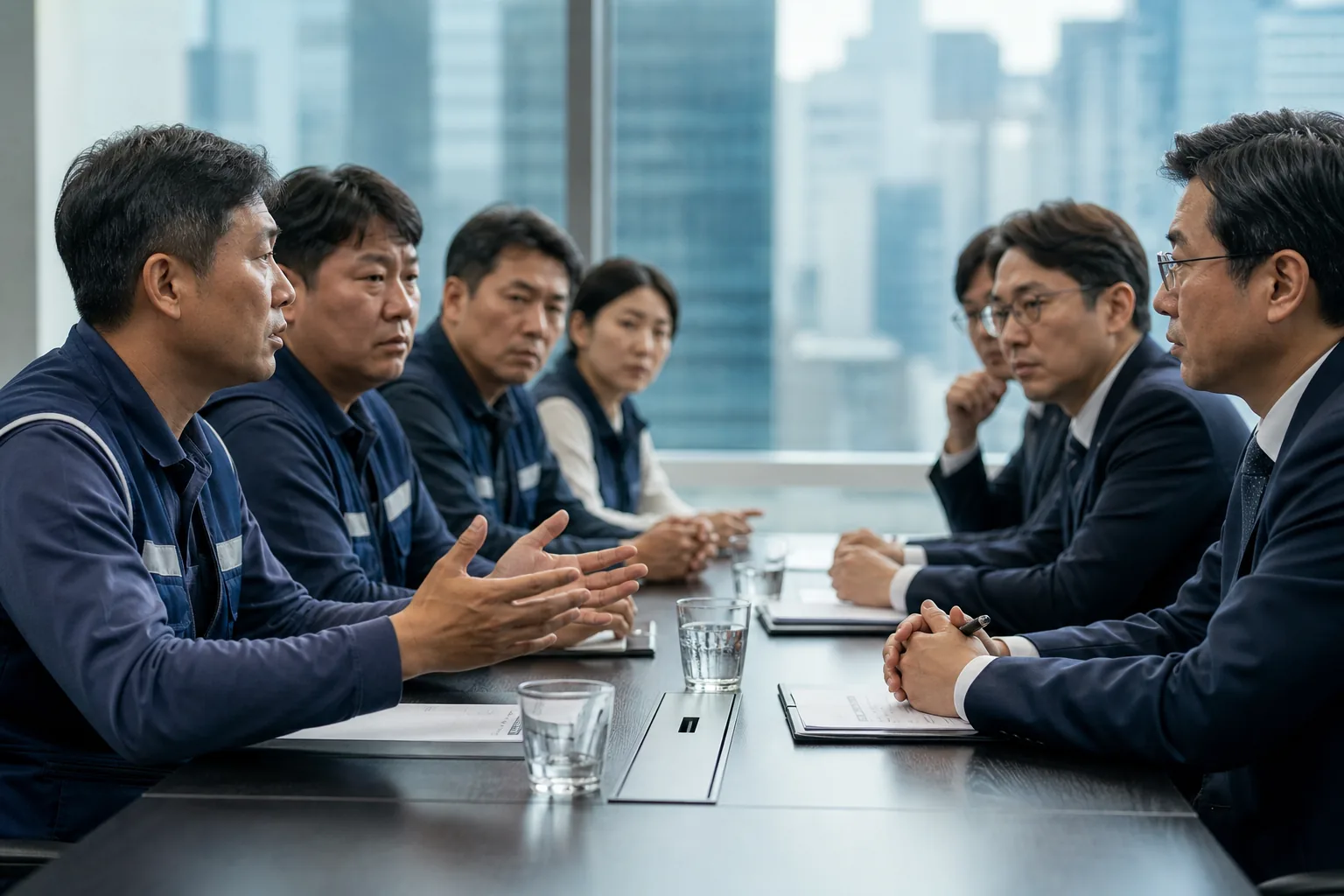 글로벌 투자자가 한국 기업의 노사 리스크를 검토하는 장면