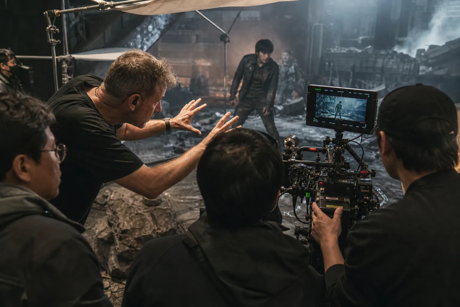 어두운 영화 세트에서 조명과 카메라가 미장센을 만드는 장면