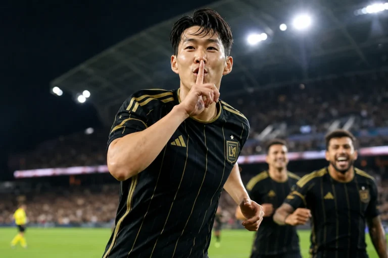 LAFC 경기에서 공격을 이끄는 손흥민을 연상시키는 축구 경기 이미지