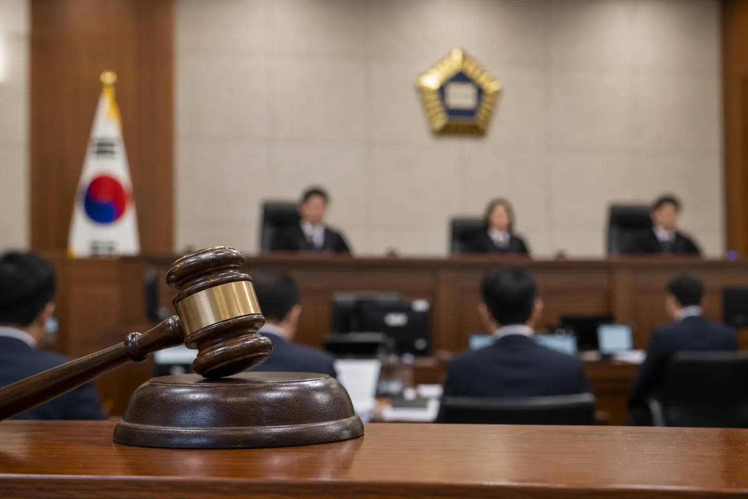 정치인과 법률 문서, 선거 자료가 놓인 회의실 장면