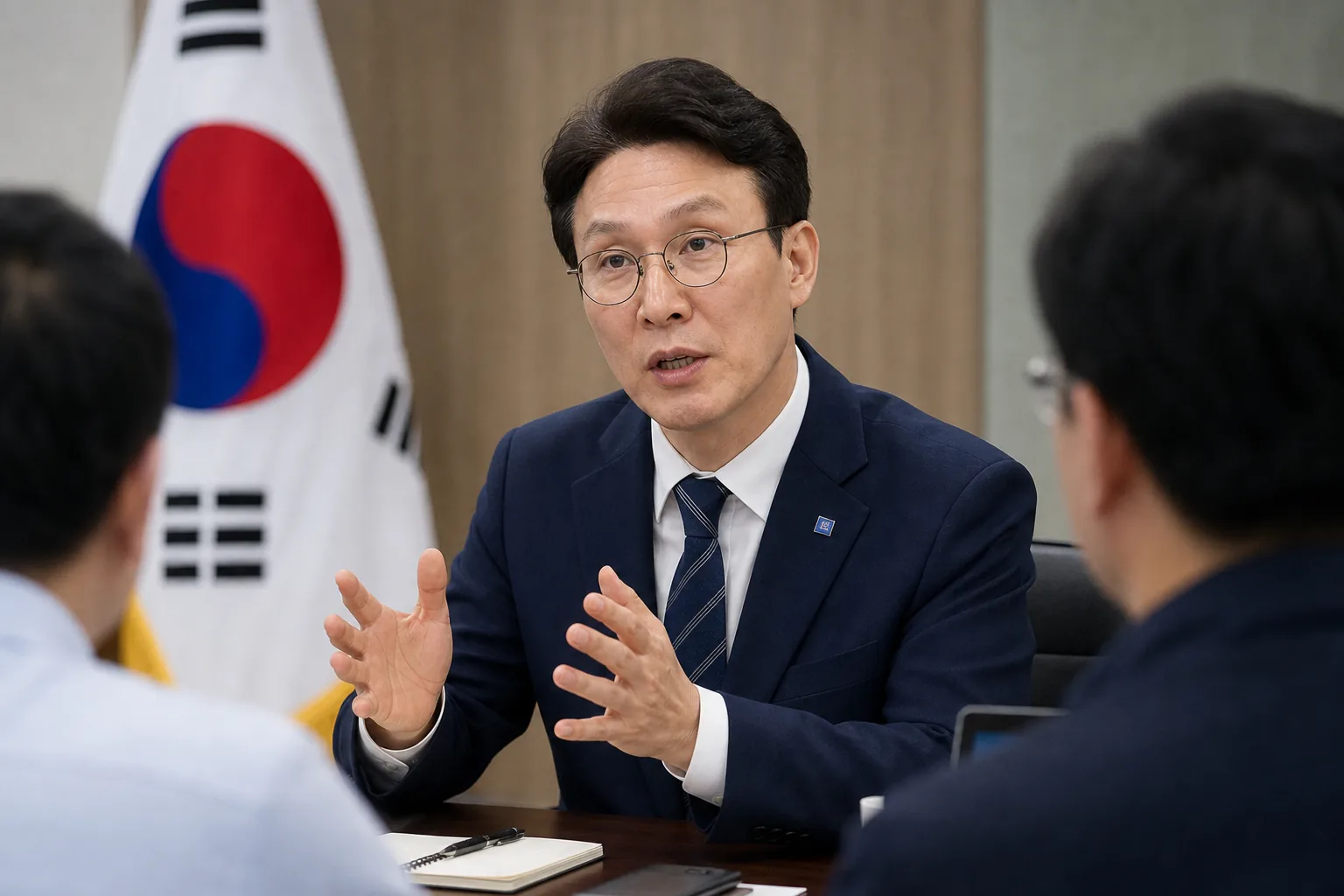 정당 대표 후보가 지역 기자간담회에서 발언하는 모습