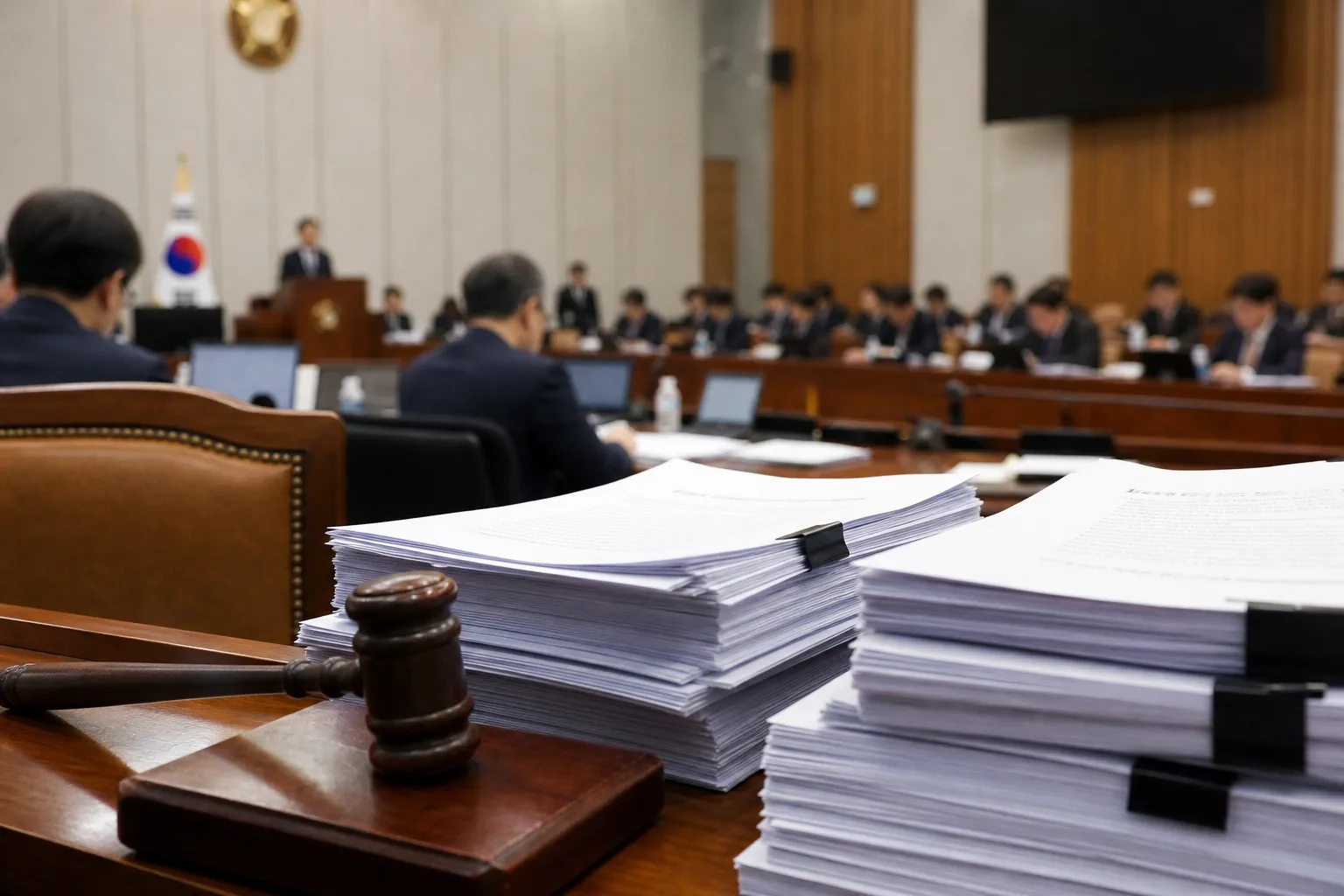 피해자 보호와 수사기관 견제를 상징하는 법률 문서와 회의 장면