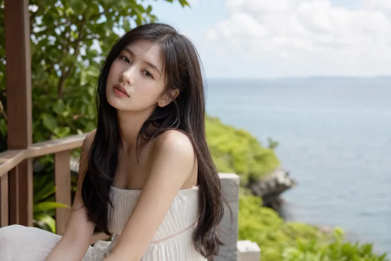 오키나와 해변과 현대적인 건축 공간을 배경으로 한 패션 화보 분위기