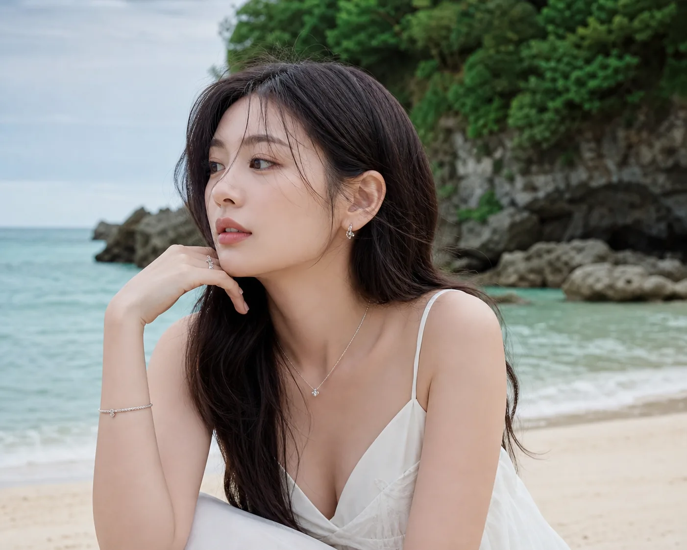 주얼리 스타일링과 배우의 차분한 표정이 강조된 패션 촬영 이미지