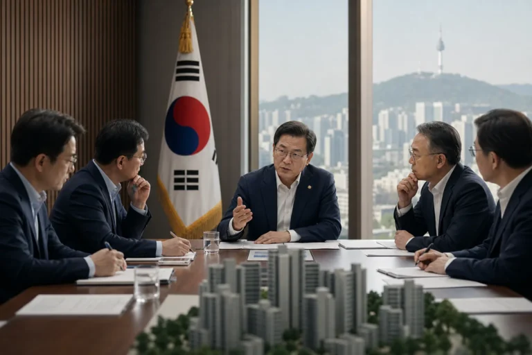 정부 회의실에서 부동산 세제 개편 자료를 놓고 토론하는 모습