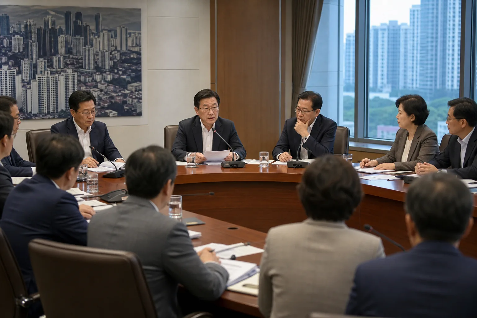 부동산 세제 개편안 자료와 아파트 단지 사진이 함께 놓인 회의 테이블