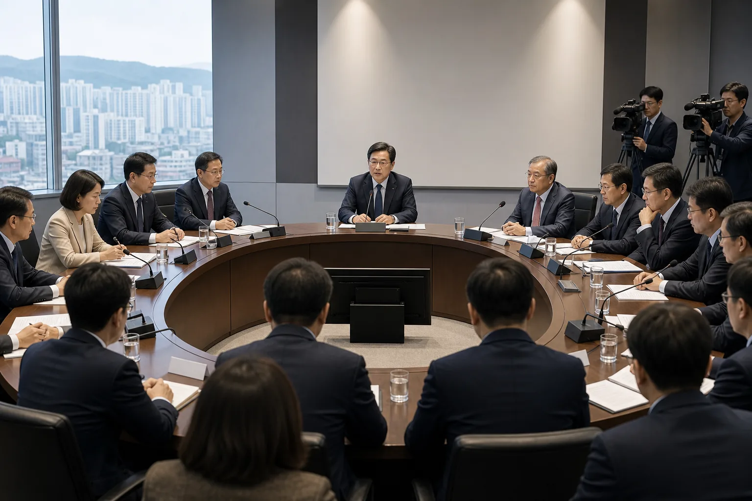 국회와 정부청사 사이에서 정책 자료를 검토하는 관계자들