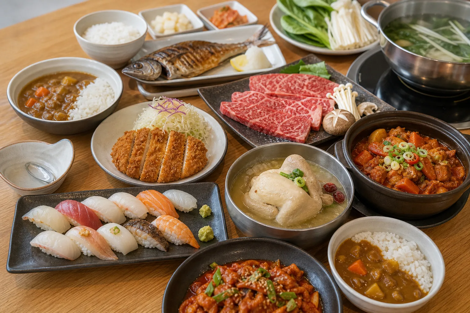 식당에서 여러 점심 메뉴를 비교하는 직장인들