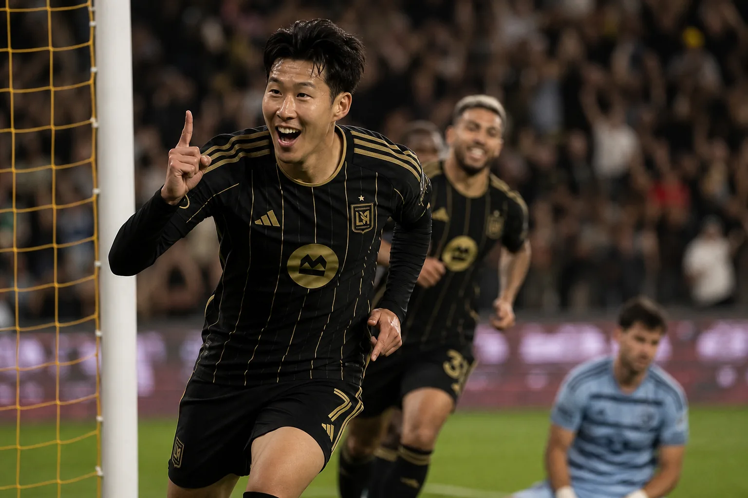 미국 프로축구 경기장에서 슈팅하는 공격수