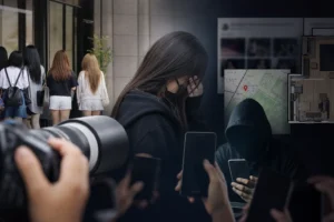 K팝 아티스트 개인정보 불법 거래 문제를 상징하는 스마트폰과 보안 이미지