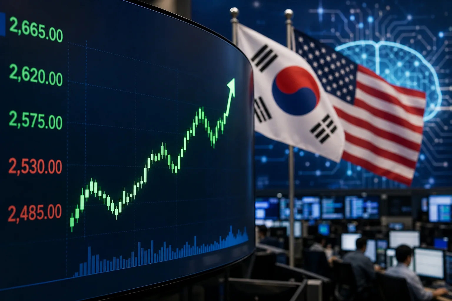[마켓뷰] 코스피, 한·미 'AI 동맹' 소식에 급락 딛고 반등할까 핵심 내용을 시각화한 이미지
