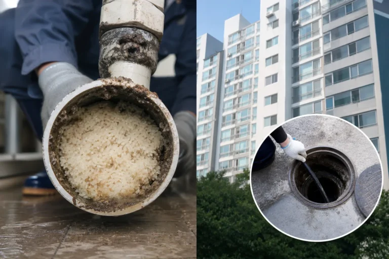 아파트 지하 설비실에서 배관을 점검하는 작업자를 표현한 AI 이미지