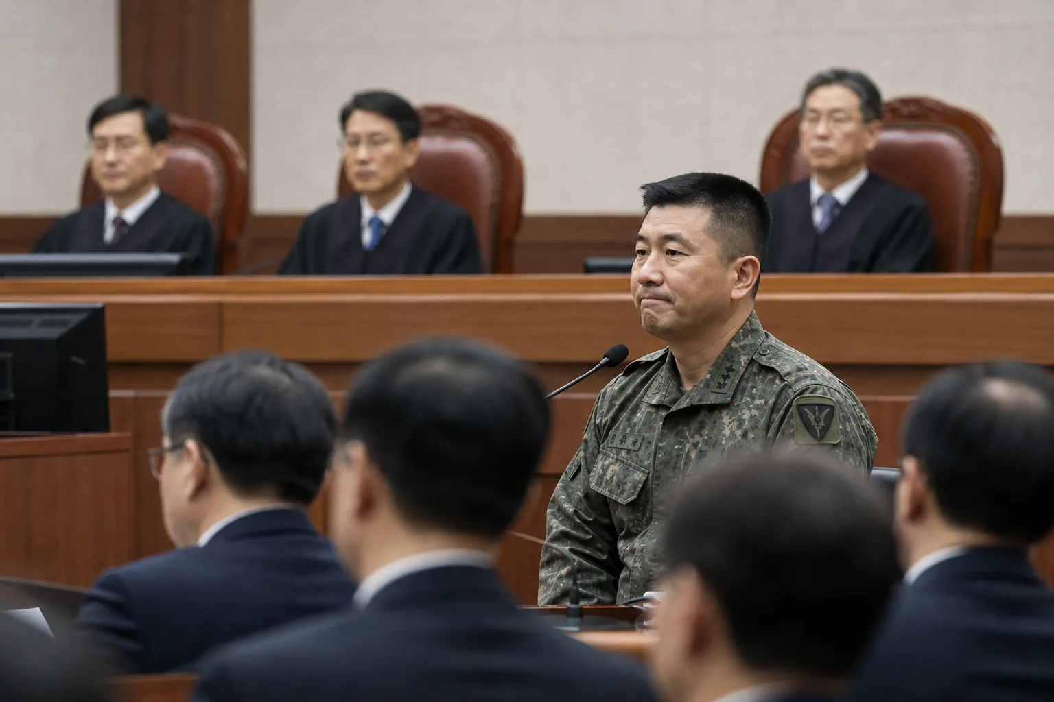 비상계엄 관련 재판이 열린 법원 복도와 취재진