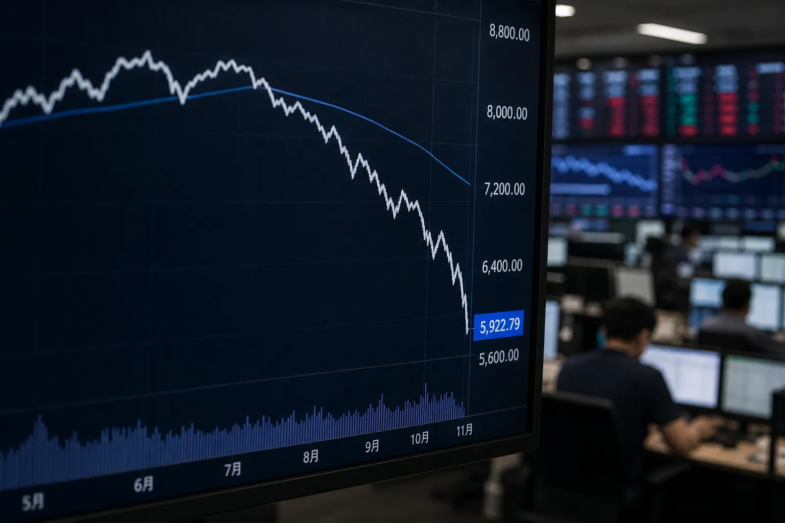 고점에서 36% 떨어진 코스피…장중 6000선 무너져 배경과 파장을 설명하는 이미지