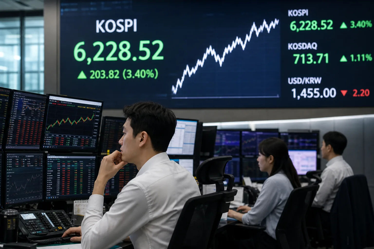 코스피, ‘검은 화요일’ 딛고 3%대 반등…장 초반 6200선 회복 핵심 내용을 시각화한 이미지