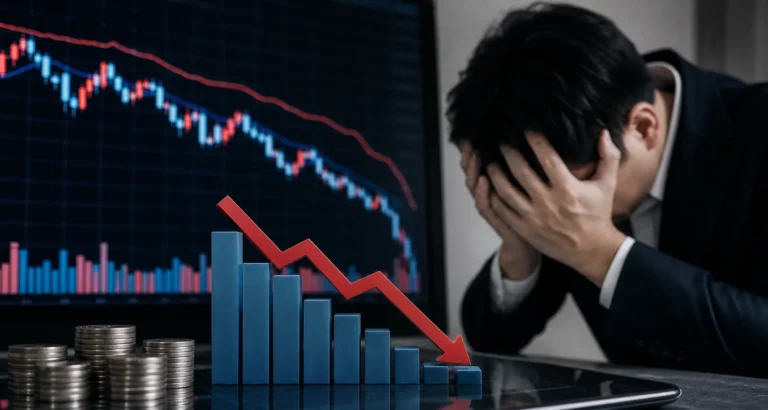 국내 증시 조정과 레버리지 ETF 손실을 보여주는 금융 시장 이미지