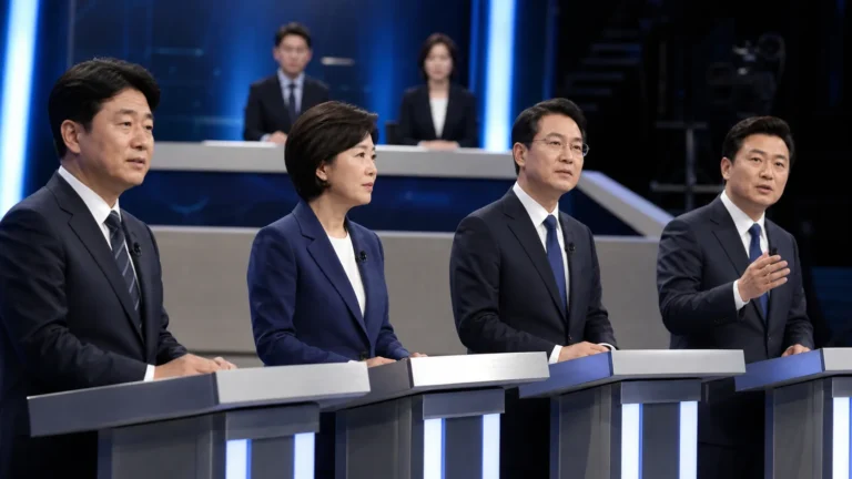 더불어민주당 당대표 후보 첫 TV토론 장면을 표현한 이미지