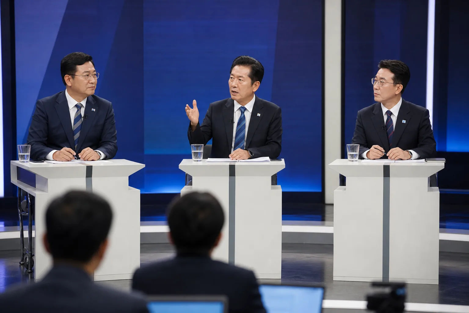정당 대표 후보들이 TV토론에서 정책을 놓고 토론하는 이미지