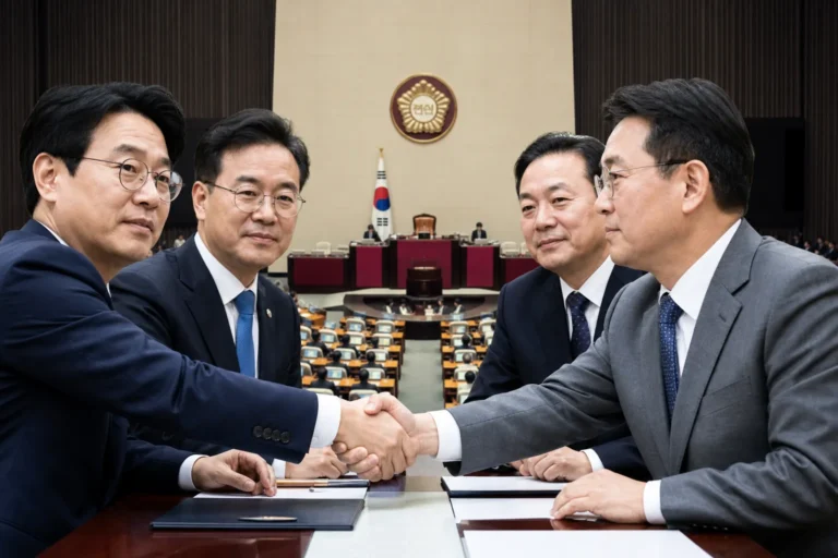국회에서 여야가 선관위 특검법을 협의하는 정치 뉴스 이미지