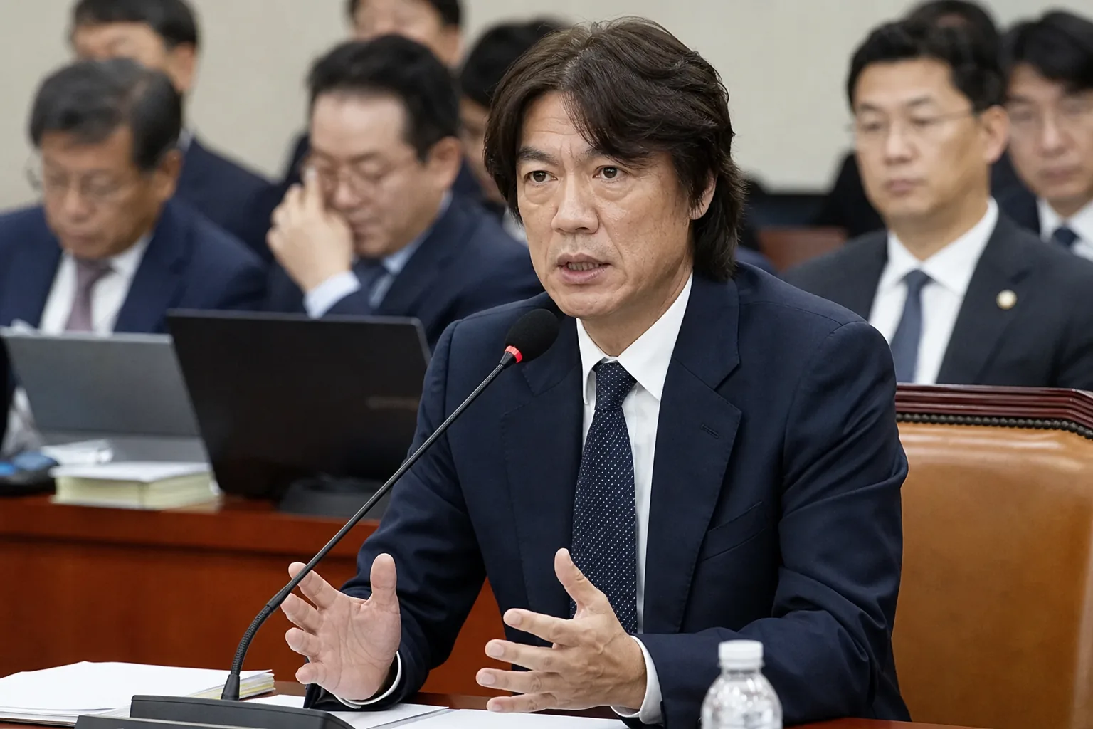 국회 청문회에서 축구 행정 문제를 논의하는 장면