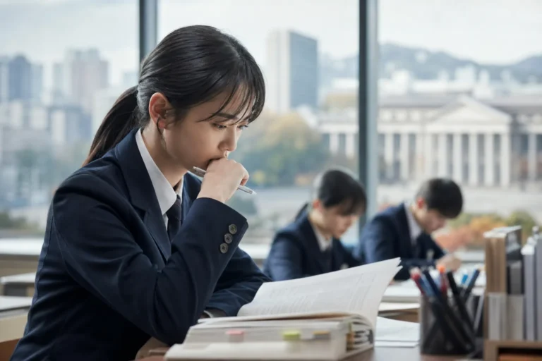 대학 입시 설명회에서 자료를 보는 수험생