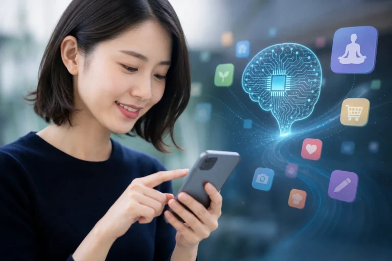 AI 시대 모바일 앱 생태계를 상징하는 스마트폰 화면 이미지