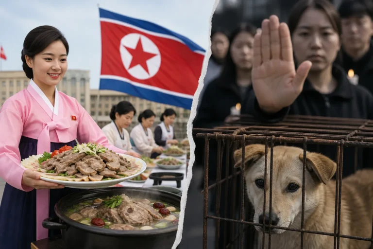 남북한의 상반된 개고기 식문화와 정책을 상징하는 뉴스 이미지