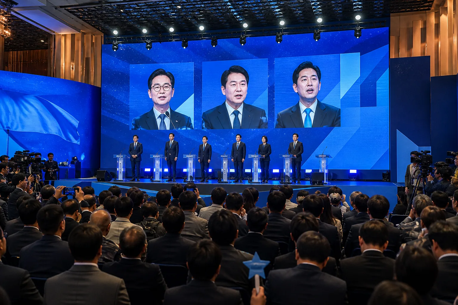 정당 후보들이 연설하는 토론회 무대