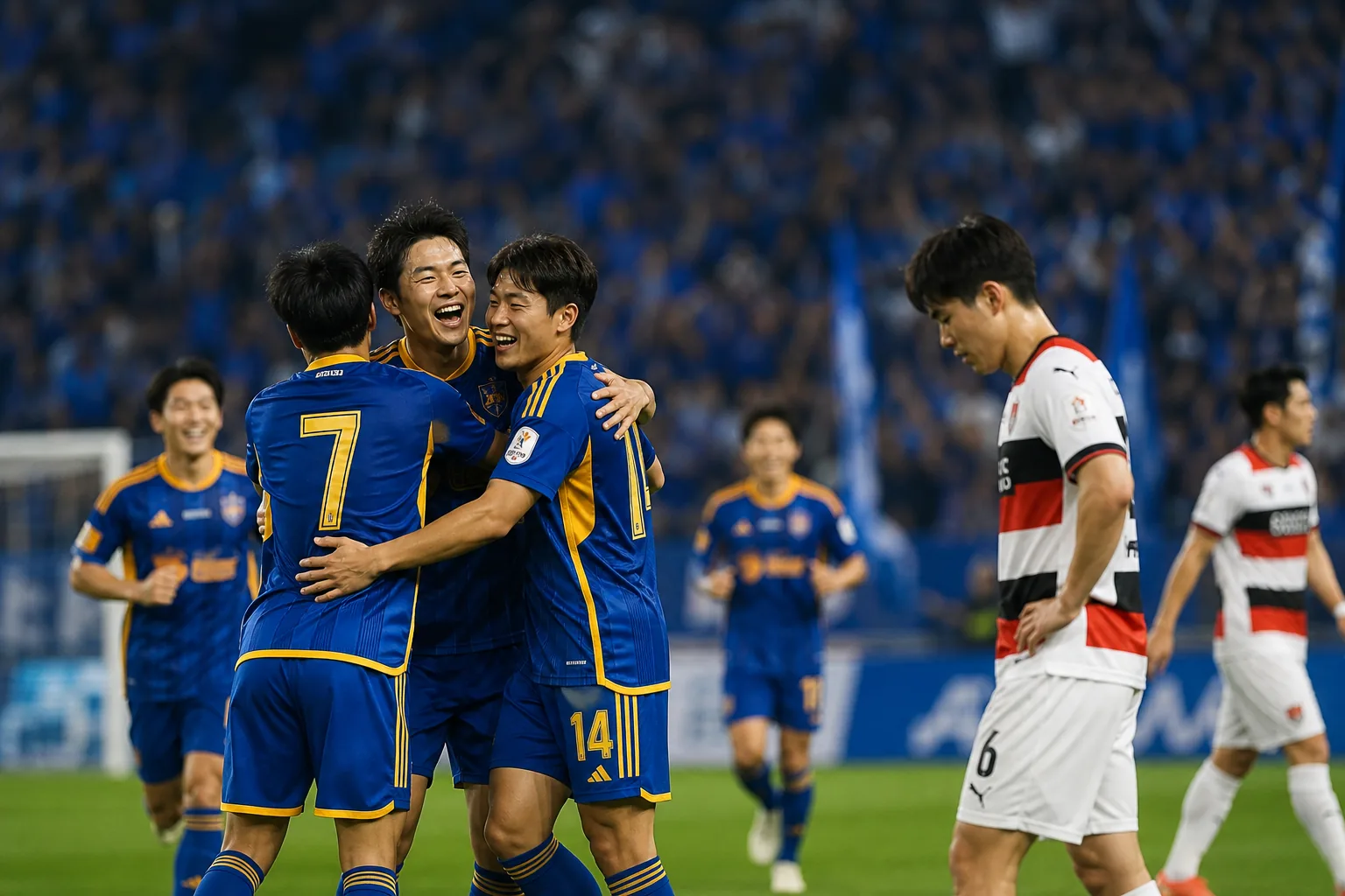 축구 경기에서 수비와 공방을 펼치는 선수들